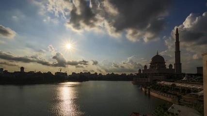 Wall Mural - Scenery of sunset at Putra Mosque, Putrajaya with reflection from the lake. camera panning down