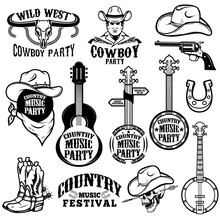 Set Of Country Music Festival Emblems And Design Elements. Cowboy Party. Vector Illustration