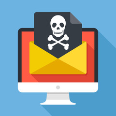 Poster - Computer and envelope with black document and skull icon. Virus, phishing scam, malware, ransomware, email fraud, e-mail spam, hacker attack concepts. Long shadow flat design vector illustration