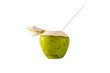 Coconut is pierced with a tube to absorb water isolated on white background, with clipping path.