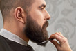 Side view of beard grooming. Hand of barber using comb.
