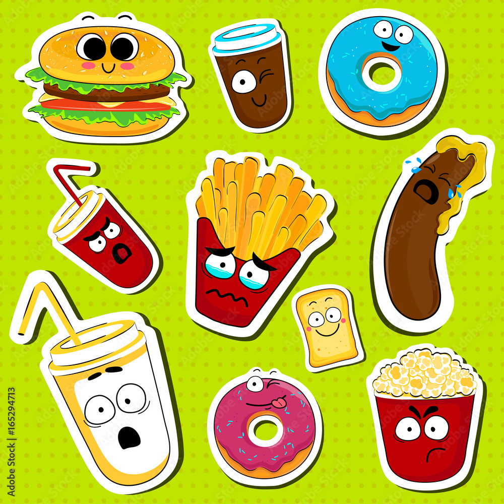 Cartoon fast food cute character face isolated vector illustration. Funny  face icon collection. Cartoon face food emoji. Fast food emoticons. Funny  food sticker. Stock Vector | Adobe Stock, image size:1000x1000