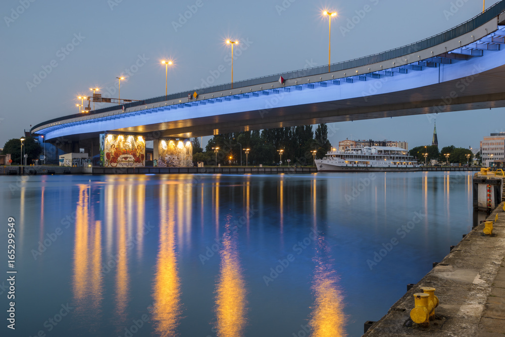 Boulevards river and waterfront city on the Oder River in Szczecin - obrazy, fototapety, plakaty 