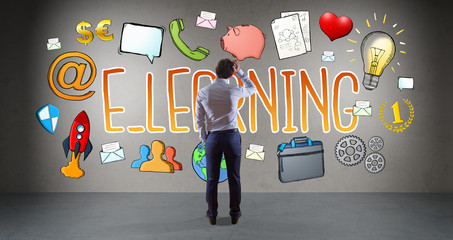 Wall Mural - Businessman watching e-learning sketch on a wall 3D rendering