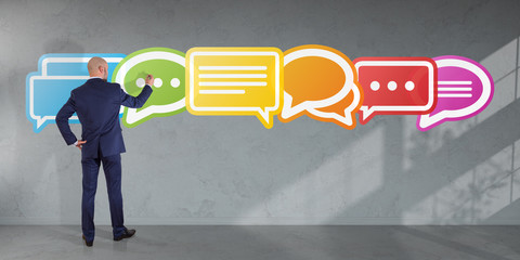 Wall Mural - businessman using social network interface on a wall 3d rendering