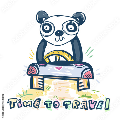 Panda Drives Car Cute Panda Bear Goes To Travel Children S Illustration Art Fashion Print And Kids T Shirt Stock Vector Adobe Stock