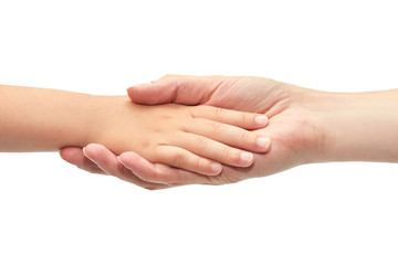 Wall Mural - hand of young girl holding kids hand. Isolated on white background