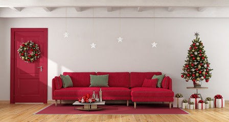 Wall Mural - Red and white living with christmas tree