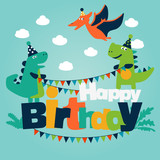 Fototapeta Dinusie - Happy birthday - lovely vector card with funny dinosaurs