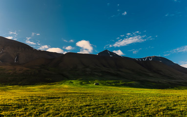 Wallpaper norway landscape nature of the mountains of Spitsbergen Longyearbyen Svalbard building city on a polar day with arctic summer in the sunset and blue sky with clouds