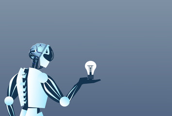 Poster - Modern Robot Hold Light Bulb Artificial Intelligence Technology Flat Vector Illustration