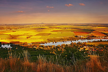 Sunset View From Radobyl Hill To European River Labe, Golden Fields, Hill Rip On Horizont And Cities Bohusovice Nad Ohri, Terezin And Villages Nove Kopisty, Velke Zernoseky, Keblice In Czech Landscape