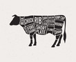 Meat cuts. Diagrams for butcher shop. Scheme of beef. Animal silhouette beef. Vector illustration..