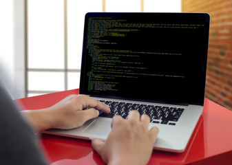 Fototapete - Developer Team Working Laptop Computer Mobile Application Softwareand Web Design Online Technology Content script to display