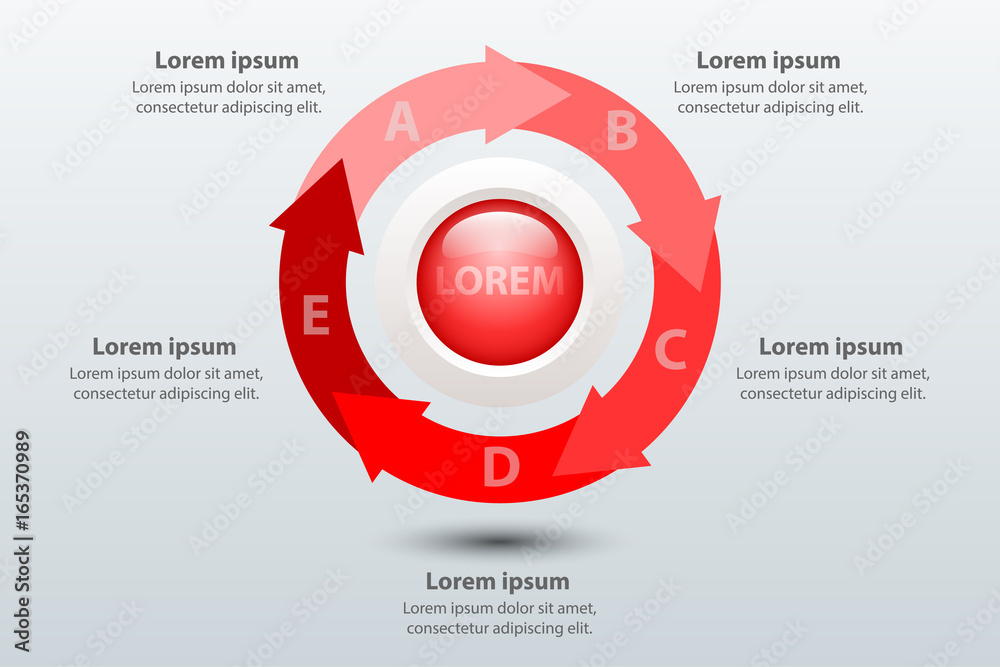 Five topics red arrow chart 3d paper with circle in center for website ...