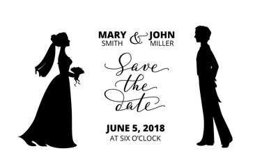 Wall Mural - Save the date card with bride and groom silhouettes and hand written custom calligraphy