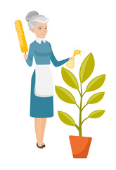 Sticker - Caucasian housemaid watering flower with spray.