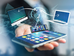Poster - Computer and devices displayed on a futuristic interface with interantional network - Multimedia and technology concept