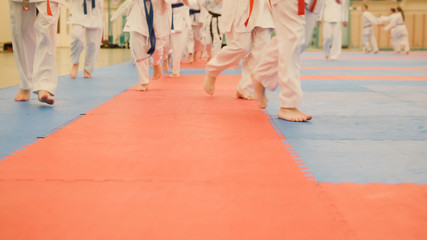 Wall Mural - Karate training - young sportsmen in kimono runs on tatami in the gym