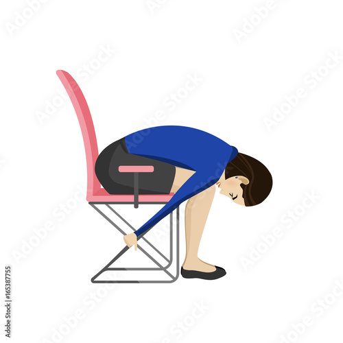 Pretty Asian woman is doing exercise on the office chair. Business woman in healthy warm up pose.