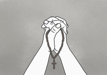 Cropped Image Of Clasped Hands Holding Rosary Beads Against Gray Background