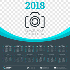 Calendar for 2018 year. Vector design template. Week starts on Sunday. Vector illustration with place for photo. Dark background