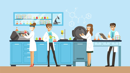 Poster - Scientists man and woman working in a lab, interior of science laboratory, vector Illustration