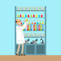 Poster - Scientist man working research in chemical lab, interior of science laboratory, vector Illustration