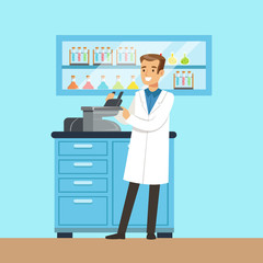 Poster - Scientist male looking through microscope, investigating objects, interior of science laboratory, vector Illustration