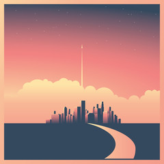 Modern corporate cityscape or skyline background with skyscrapers in sunset vector concept. Rocket or spaceship starting in background as symbol of future, mission, vision or startup.