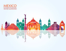Mexico Famous Landmarks Skyline. Vector Illustration