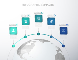 Wall Mural - Infographic template with five stripes and icons line up beside polygonal map - light version.