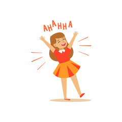 Poster - Happy girl in a dress laughing out loud colorful character vector Illustration