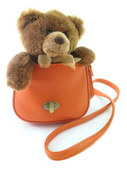 Teddy bear in a small orange handbag. It is isolated on a white background.