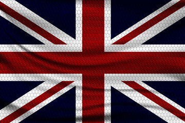 Poster - National flag of Great Britain on wavy fabric with a volumetric pattern of hexagons. Vector illustration.