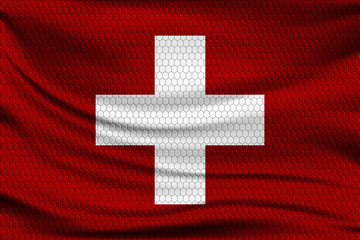 Sticker - National flag of Switzerland on wavy fabric with a volumetric pattern of hexagons. Vector illustration.