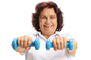 Poster - Elderly woman with small dumbbells