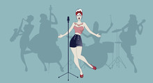 Beautiful And Tattooed Pin-up Girl Singing With Ladies Band In The Background