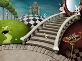 Fabulous background with staircase and mirror for poster or illustration adventure Wonderland