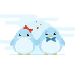 Cute couple of penguins on blue font. Cartoon vector illustration