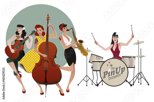 Obrazy Swing  pinup-girls-band-cztery-piekne-i-wytatuowane-dziewczyny-pinup-grajace-muzyke-ilustracje-wektorowe