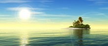 Beautiful Island At Sunset, Seascape With Palm Trees, 3d Rendering
