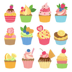 Wall Mural - wedding vanilla cupcakes isolated on white background. vector illustrations set in flat style