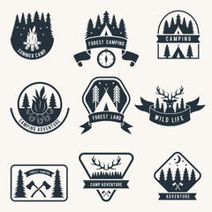 Wall Mural - Adventure monochrome badges set. Silhouette of tent. Camping vector labels