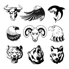 Sticker - Heads of animals for logo or sport symbols. Grizzly, bear and eagle. Monochrome mascots illustrations for labels. Wolf, shark and ram. Big vector set