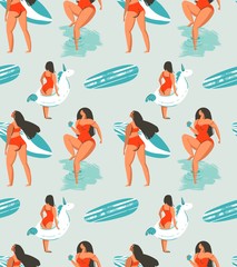 Sticker - Hand drawn vector abstract fun summer time fun illustration seamless pattern with group girls,surfboards and unicorn buoy circles on water textured background