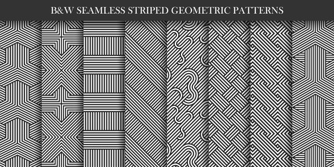 Collection of seamless striped patterns. Black and white repeatable geometric texture.