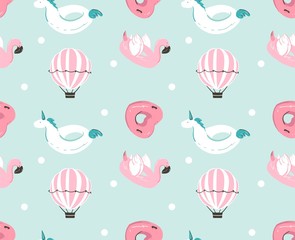 Wall Mural - Hand drawn vector abstract summer time fun seamless pattern with pink flamingo float, unicorn swimming pool buoy ,heart shape circle and hot air balloon isolated on blue water background