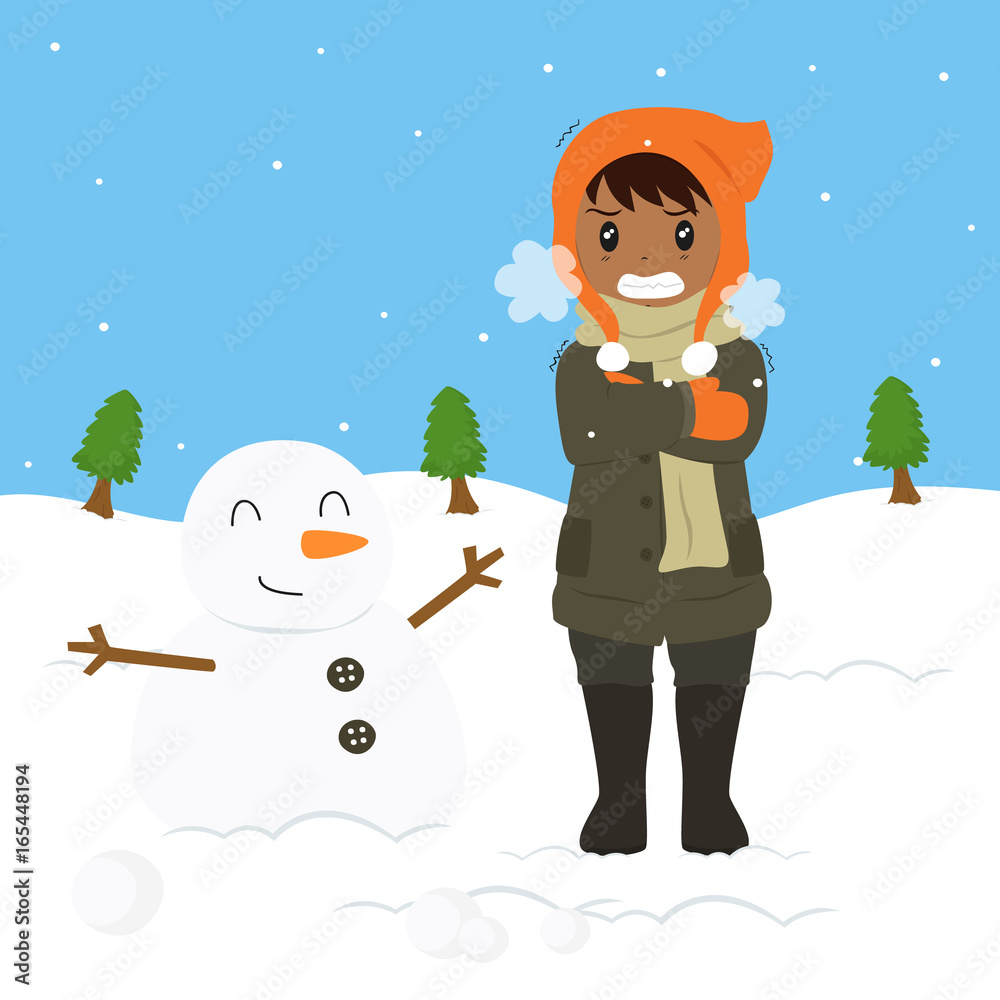 freezing and shivering young boy on winter cold, standing beside a snowman.  cartoon vector illustration Stock Vector | Adobe Stock, image size:1000x1000