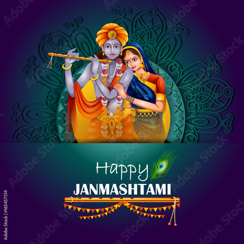 Lord Krishna and Radha on Happy Janmashtami background Stock Vector ...